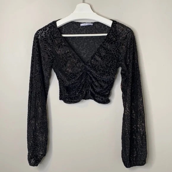 Zara Trafaluc Metallic Leopard Print Long Sleeve Crop Top - Picture 2 of 12